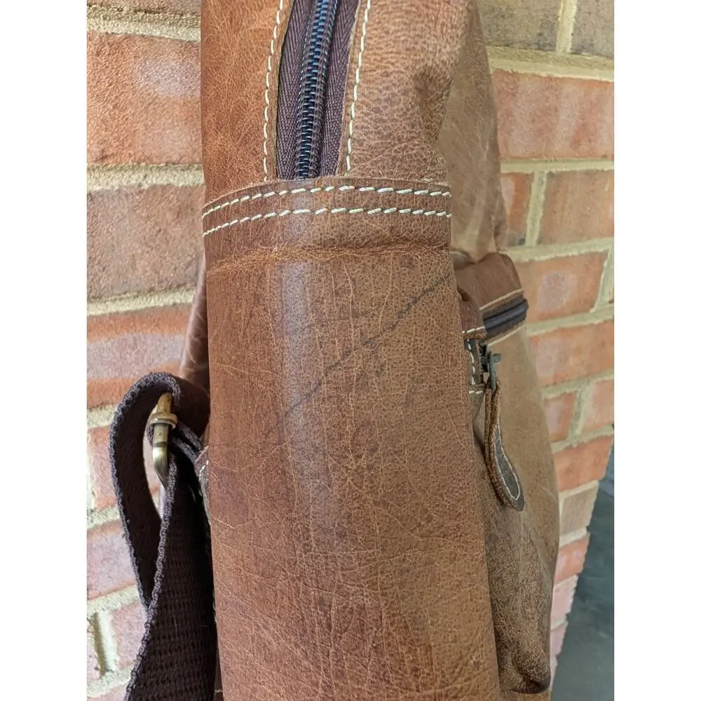Brown Tan Distressed Full Grain Leather Backpack School Office College Rustic